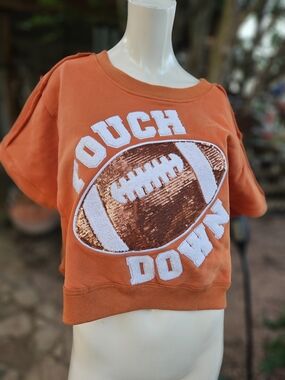 Anna & Ava Orange Sequin Football 'Touch Down'  Short Sleeve Sweatshirt S/M